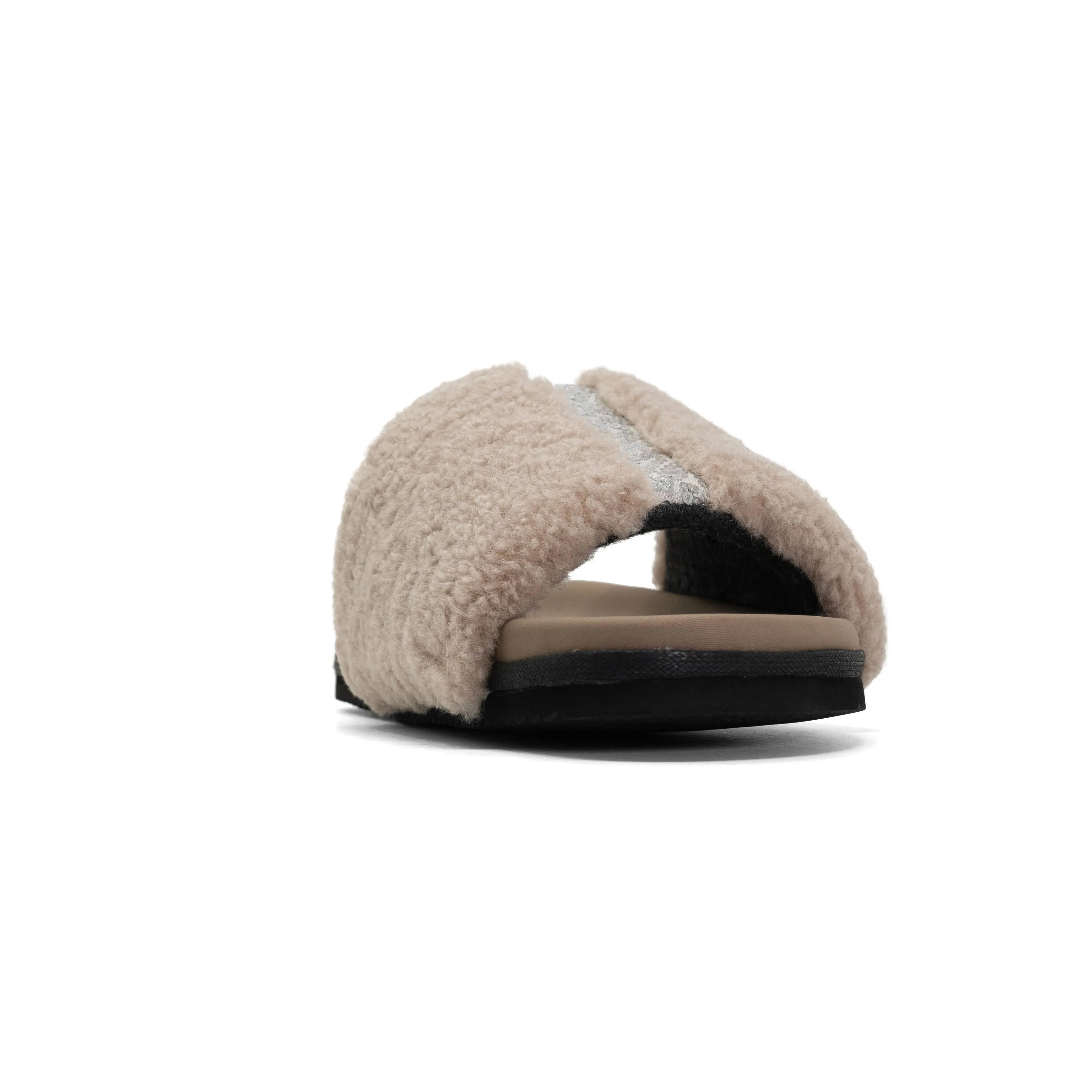 FUZZY PAILLETTE SLIDER CEMENT FAUX SHEARLING