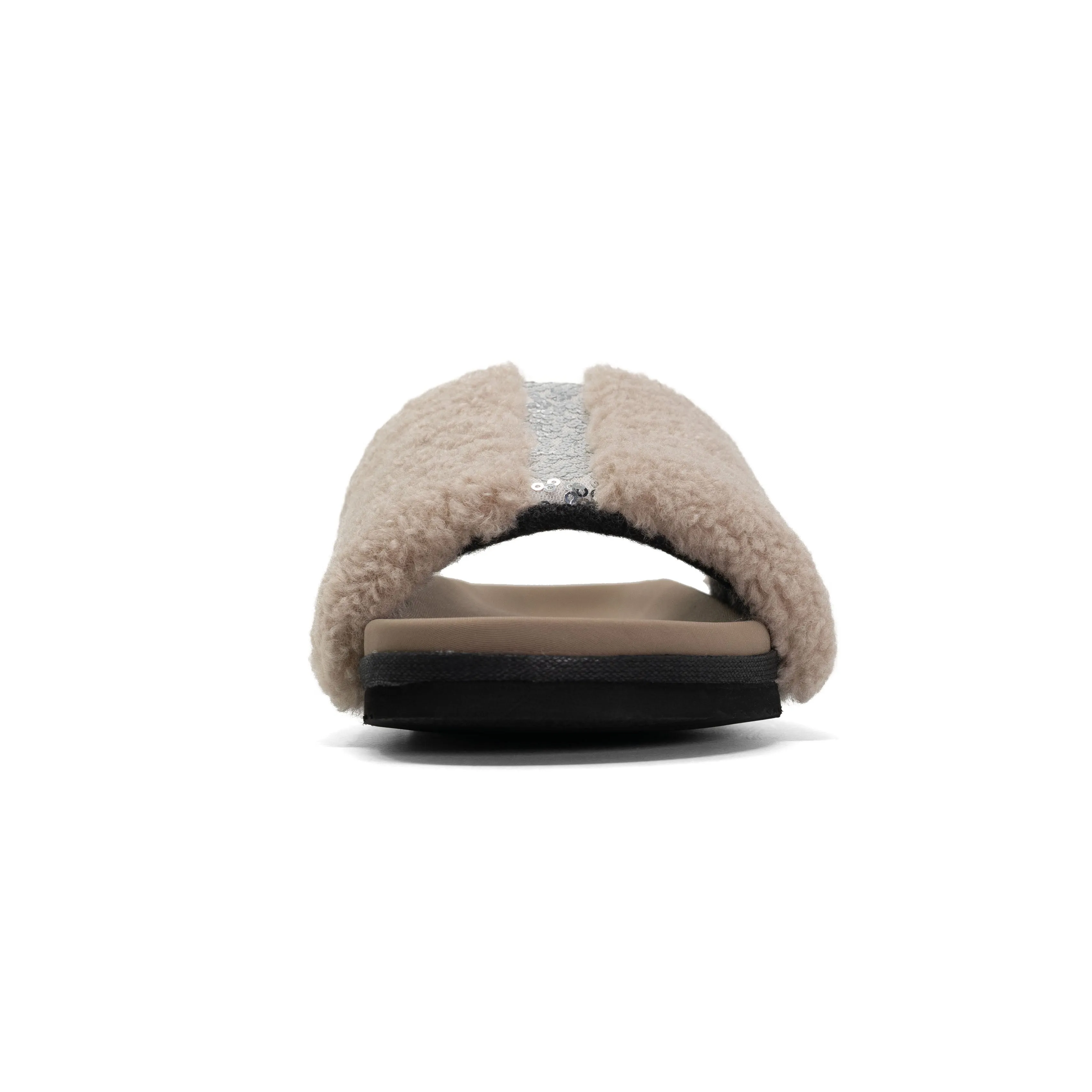 FUZZY PAILLETTE SLIDER CEMENT FAUX SHEARLING