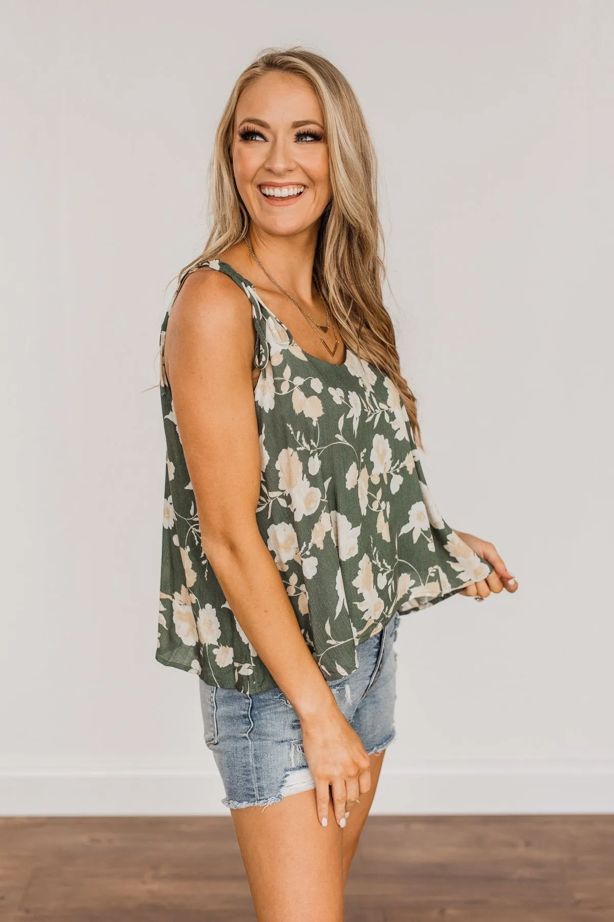 Gardens Of Roses Floral Tank Top- Dusty Olive