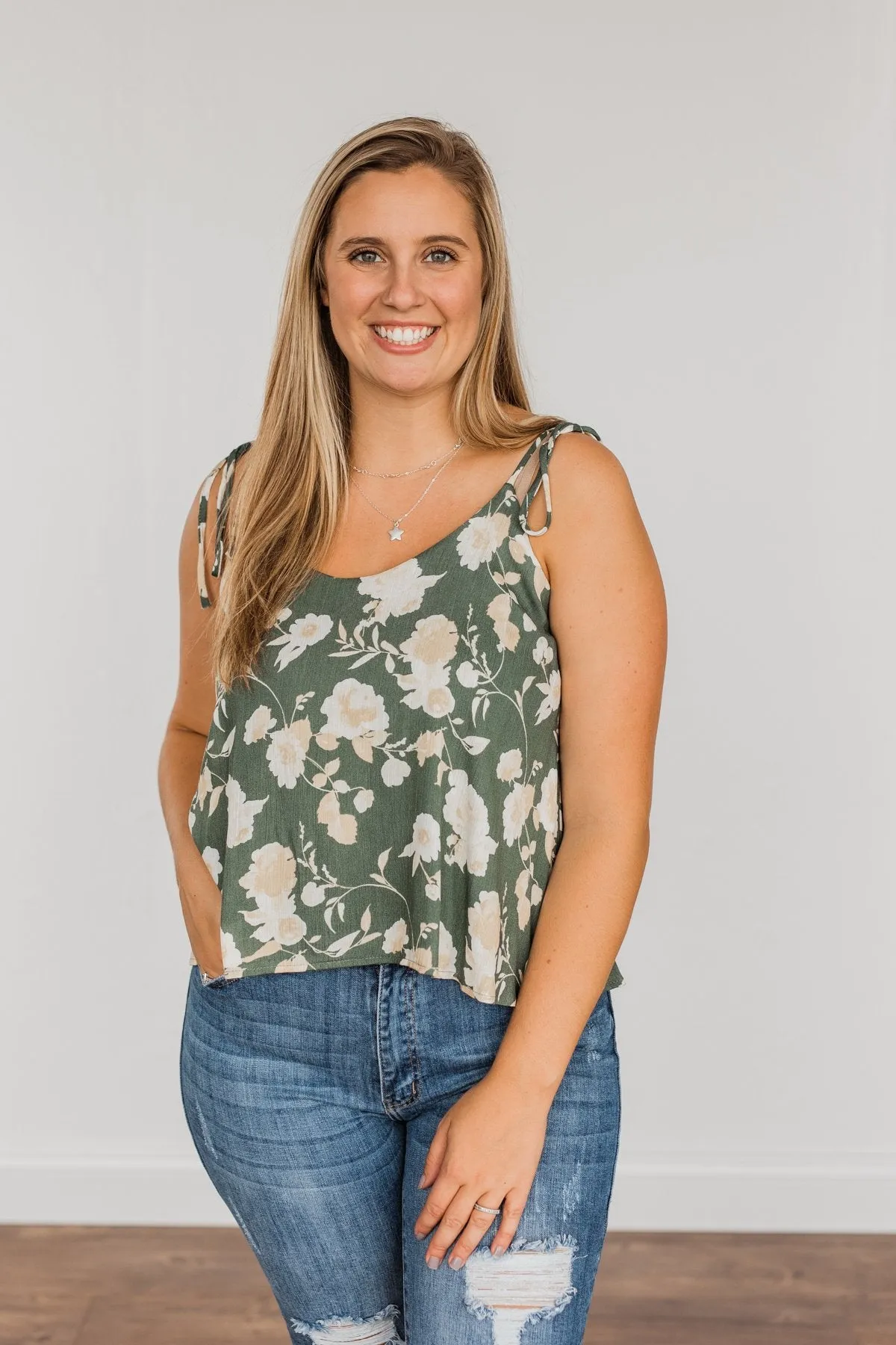 Gardens Of Roses Floral Tank Top- Dusty Olive