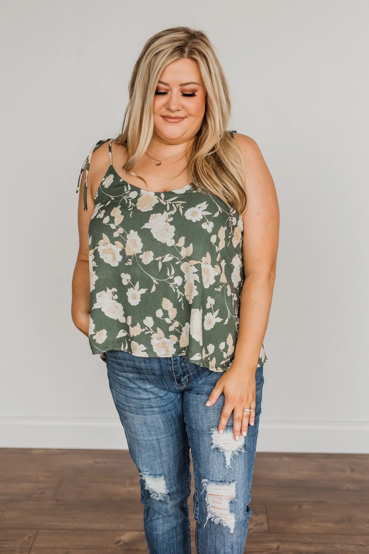 Gardens Of Roses Floral Tank Top- Dusty Olive