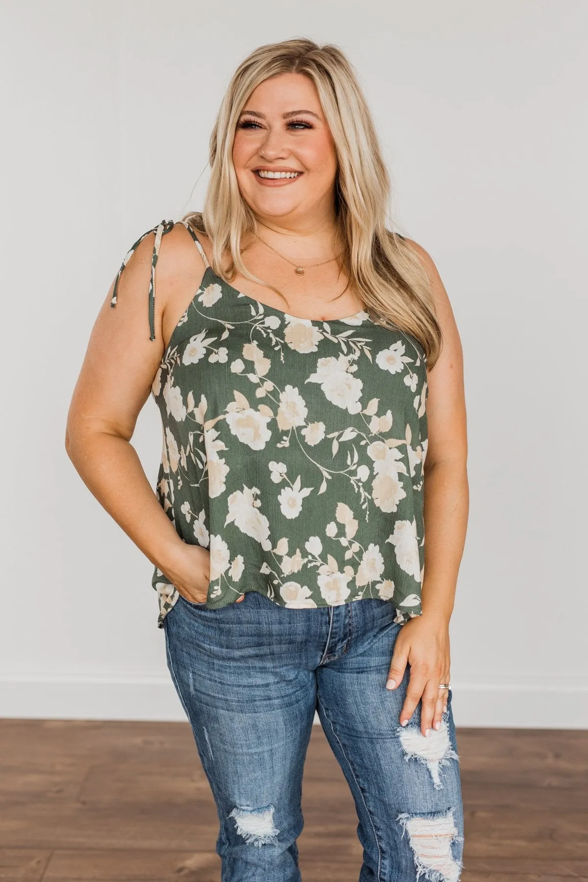 Gardens Of Roses Floral Tank Top- Dusty Olive