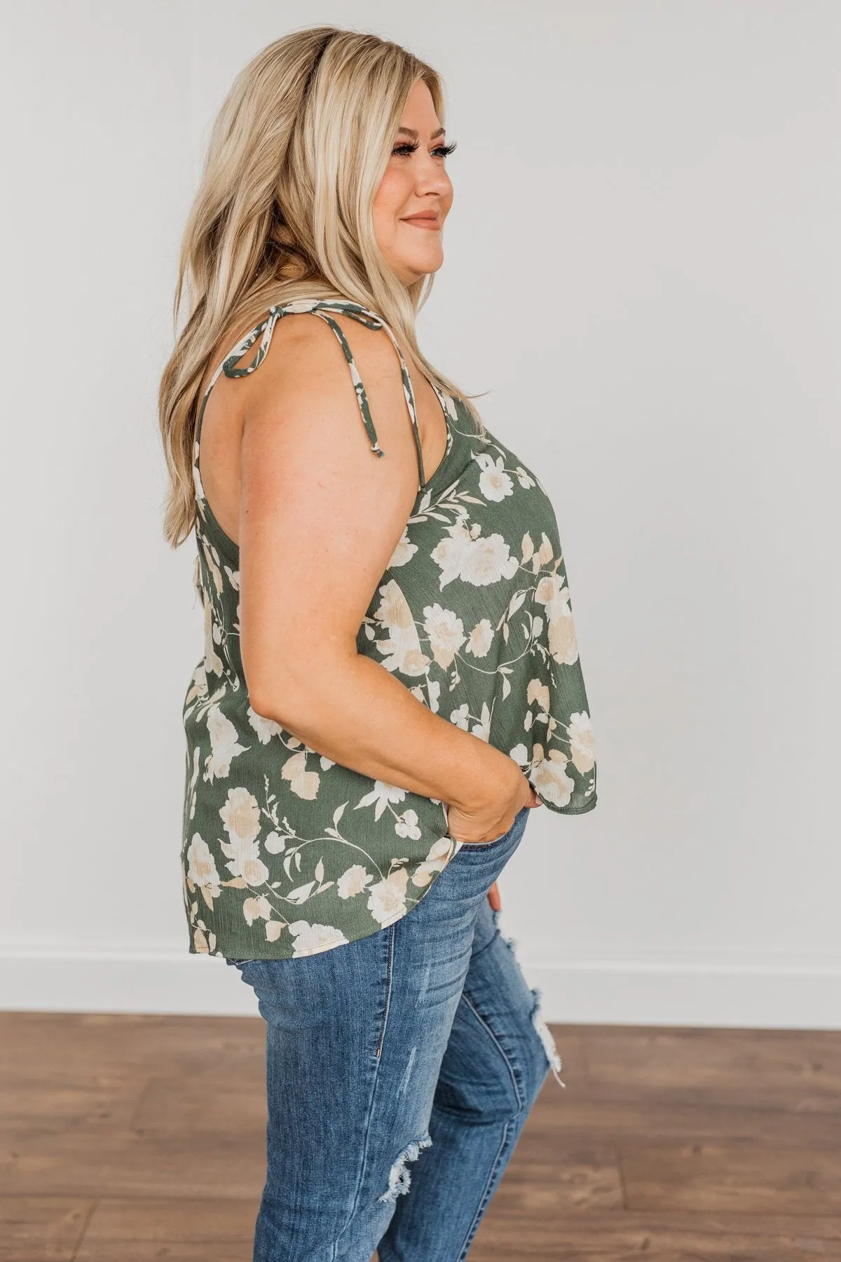Gardens Of Roses Floral Tank Top- Dusty Olive