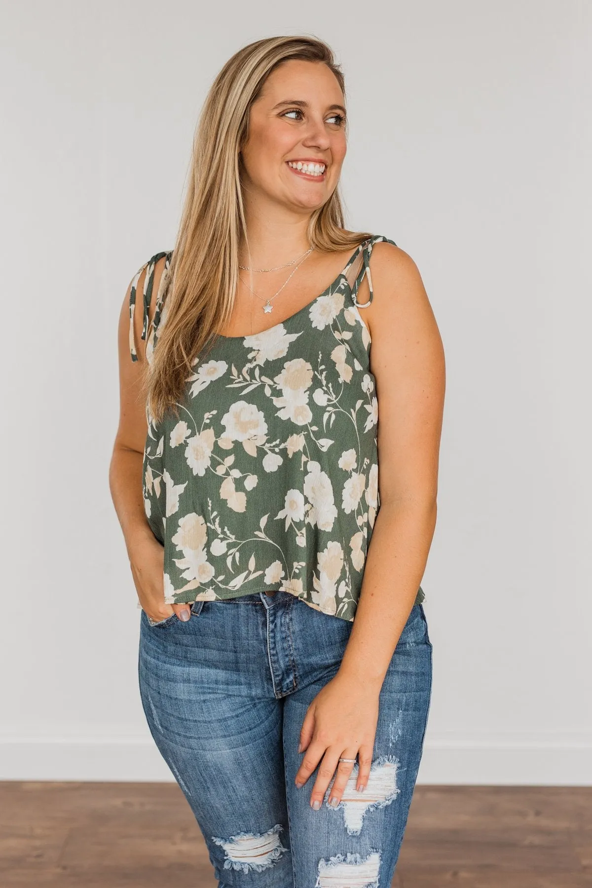 Gardens Of Roses Floral Tank Top- Dusty Olive