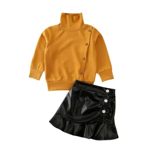 Girl Clothes 2019 Toddler Kids Baby Girls Outfits Orange Clothes Leather Skir Tops  Tutu PU Skirts 2pcs