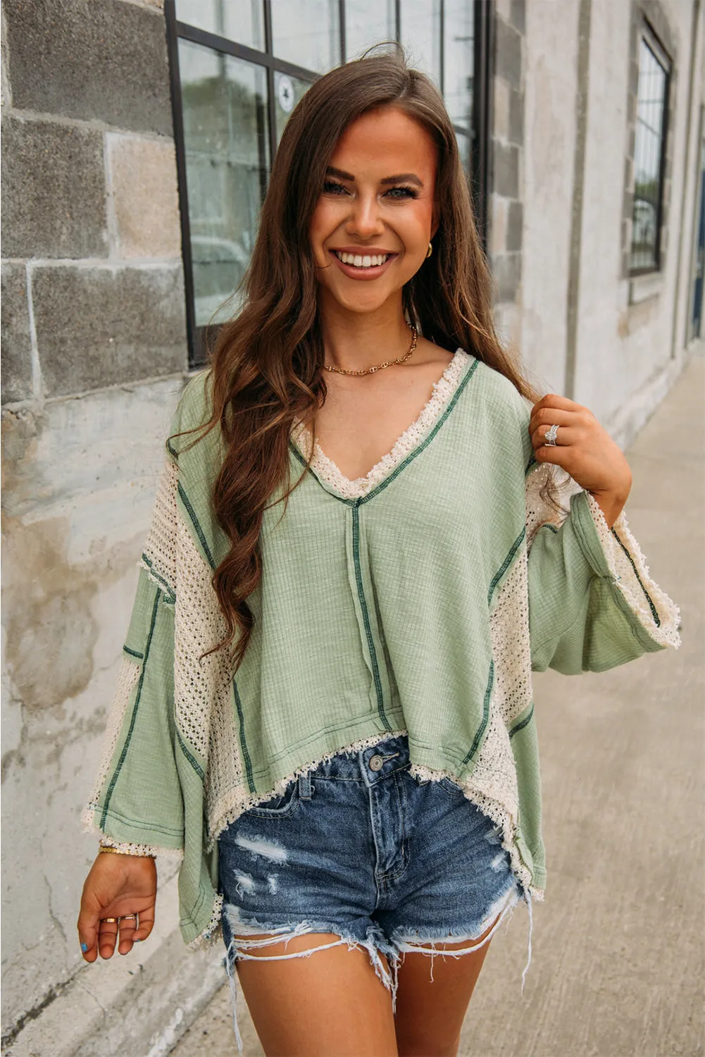 Grass Green Crochet Detail Exposed Seam High Low Loose Top