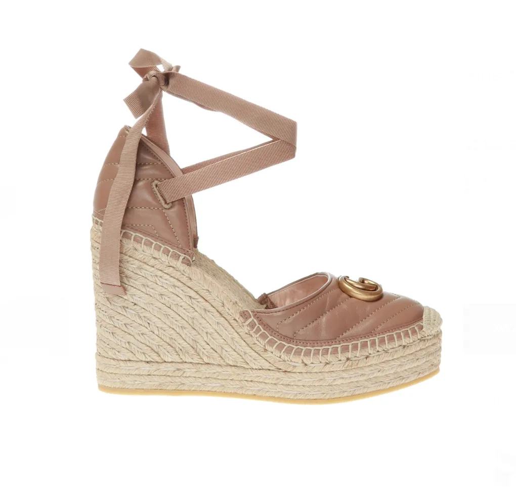 Gucci Ankle Tie Wedge Platform Espadrille Sandals