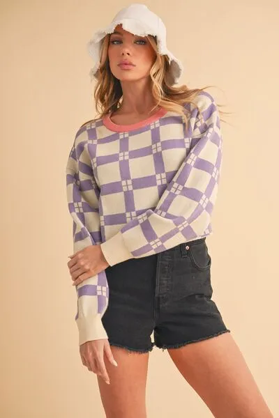 Hazel Blues® |  Aemi   Co Plaid Round Neck Drop Shoulder Cropped Sweater