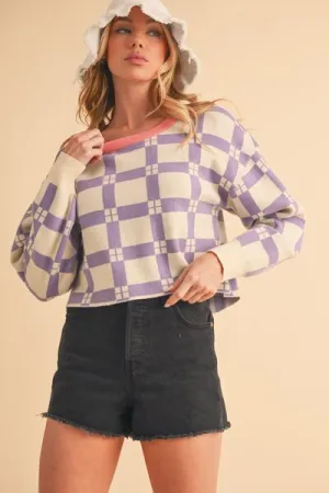 Hazel Blues® |  Aemi   Co Plaid Round Neck Drop Shoulder Cropped Sweater