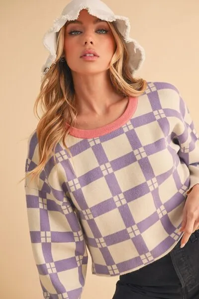 Hazel Blues® |  Aemi   Co Plaid Round Neck Drop Shoulder Cropped Sweater
