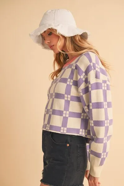 Hazel Blues® |  Aemi   Co Plaid Round Neck Drop Shoulder Cropped Sweater