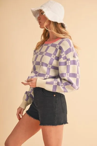 Hazel Blues® |  Aemi   Co Plaid Round Neck Drop Shoulder Cropped Sweater