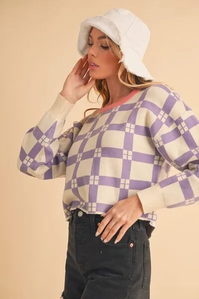 Hazel Blues® |  Aemi   Co Plaid Round Neck Drop Shoulder Cropped Sweater