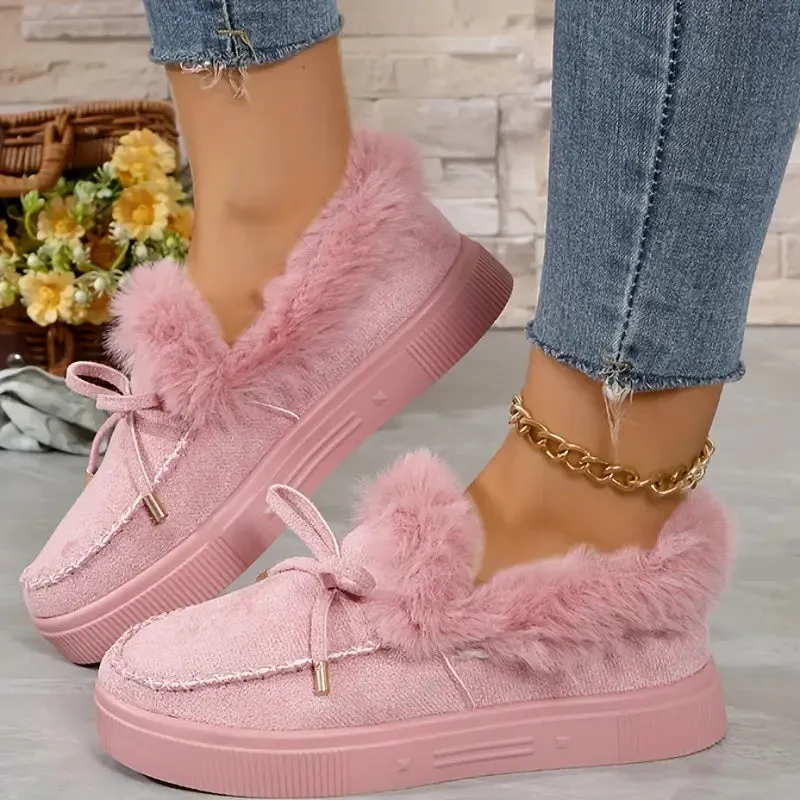 Hazel Blues® |  Bow Furry Round Toe Flat Slip-Ons