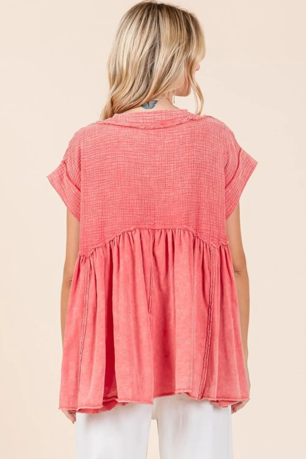 Hazel Blues® |  Mittoshop Mixed Media Mineral Wash Babydoll Short Sleeve Blouse