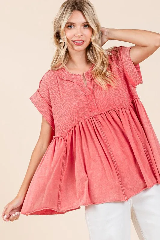Hazel Blues® |  Mittoshop Mixed Media Mineral Wash Babydoll Short Sleeve Blouse
