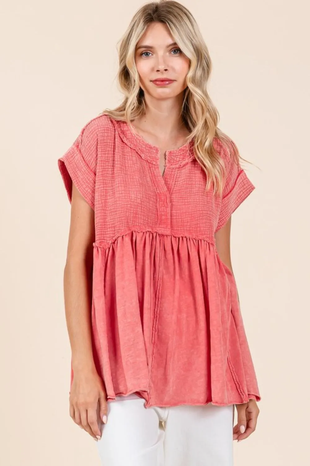 Hazel Blues® |  Mittoshop Mixed Media Mineral Wash Babydoll Short Sleeve Blouse