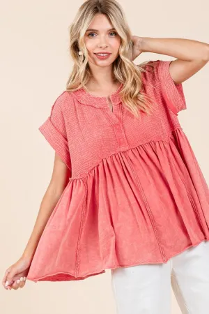 Hazel Blues® |  Mittoshop Mixed Media Mineral Wash Babydoll Short Sleeve Blouse