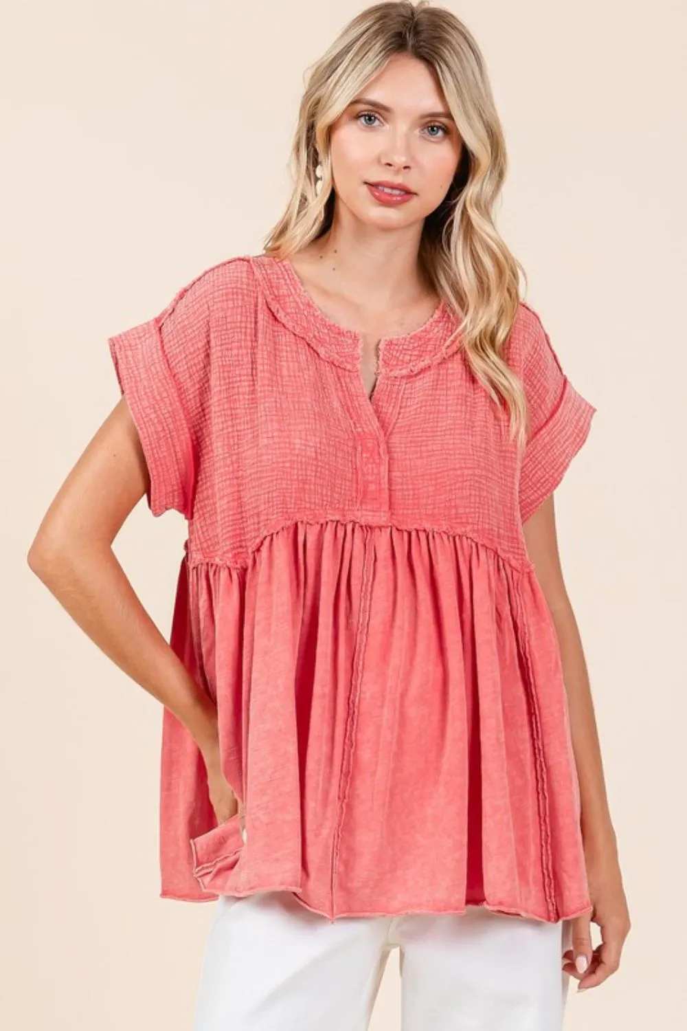 Hazel Blues® |  Mittoshop Mixed Media Mineral Wash Babydoll Short Sleeve Blouse
