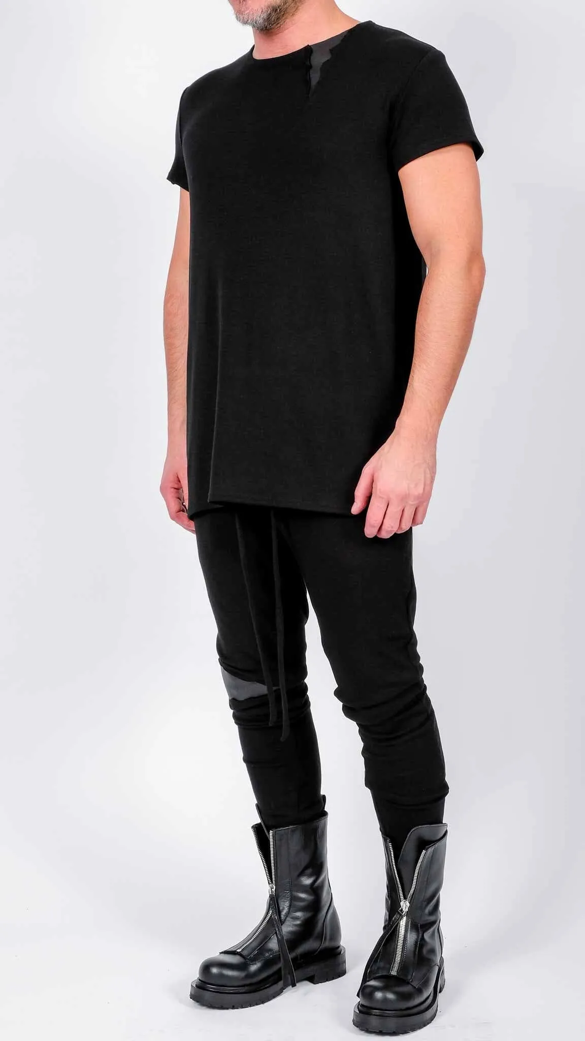 Jersey T-Shirt with Leather Detail