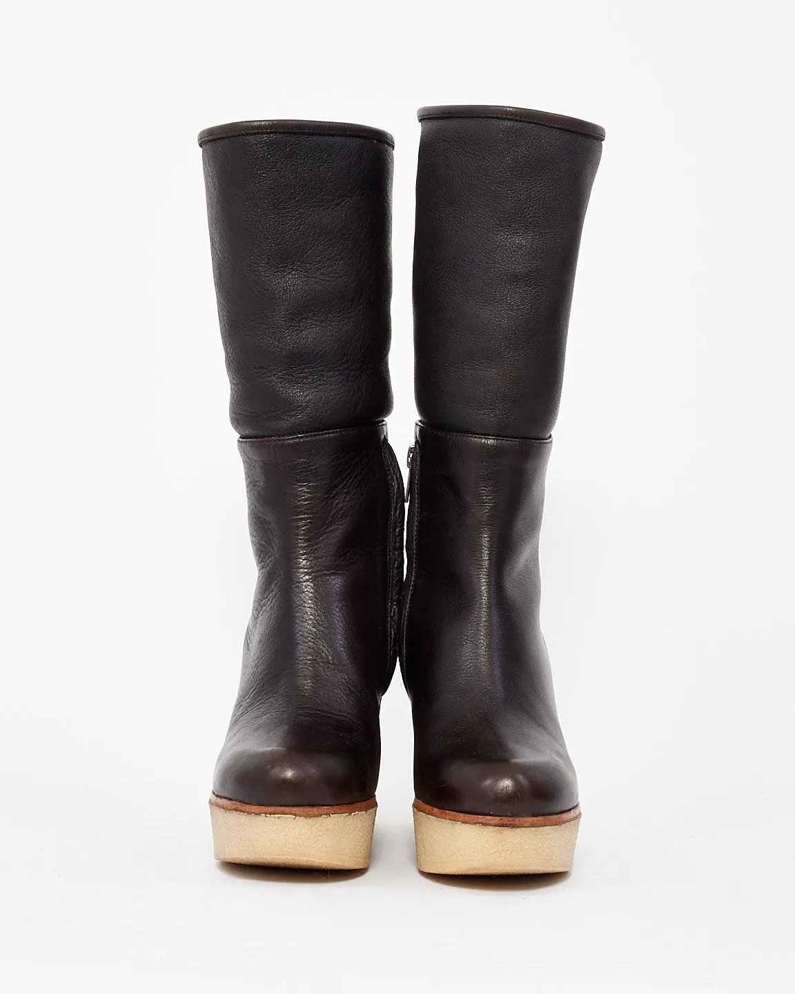Jill Sander Brown Leather Platform Fur Lined Wedge Boots - 38