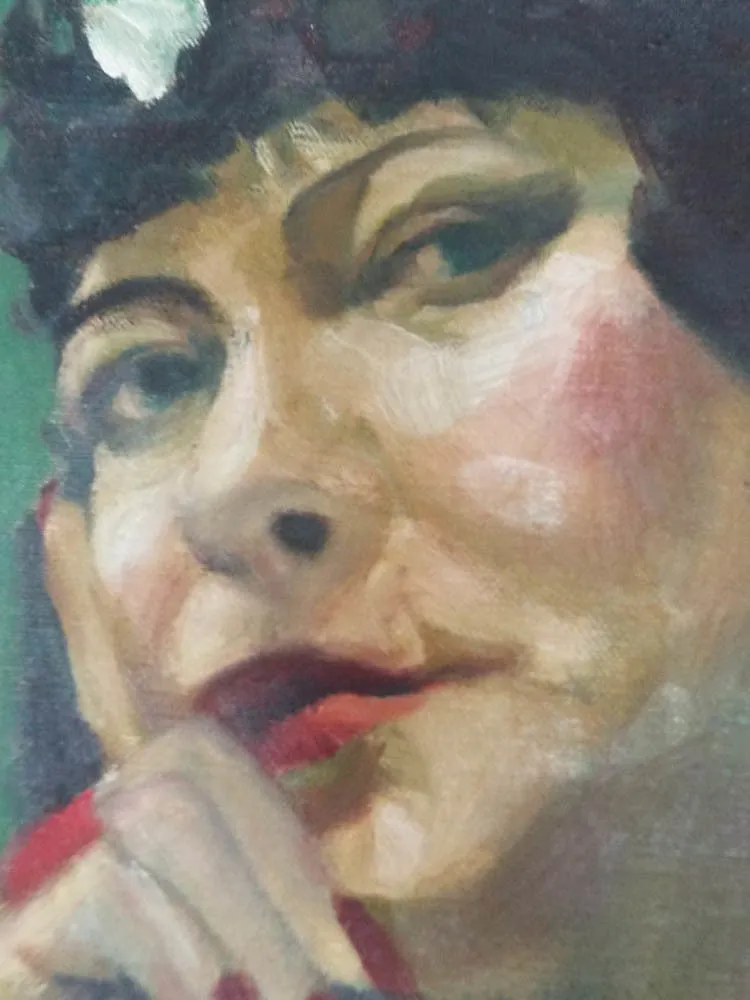 Large Vintage Oil On Canvas Portrait Painting of Lady in a Boa 1930's