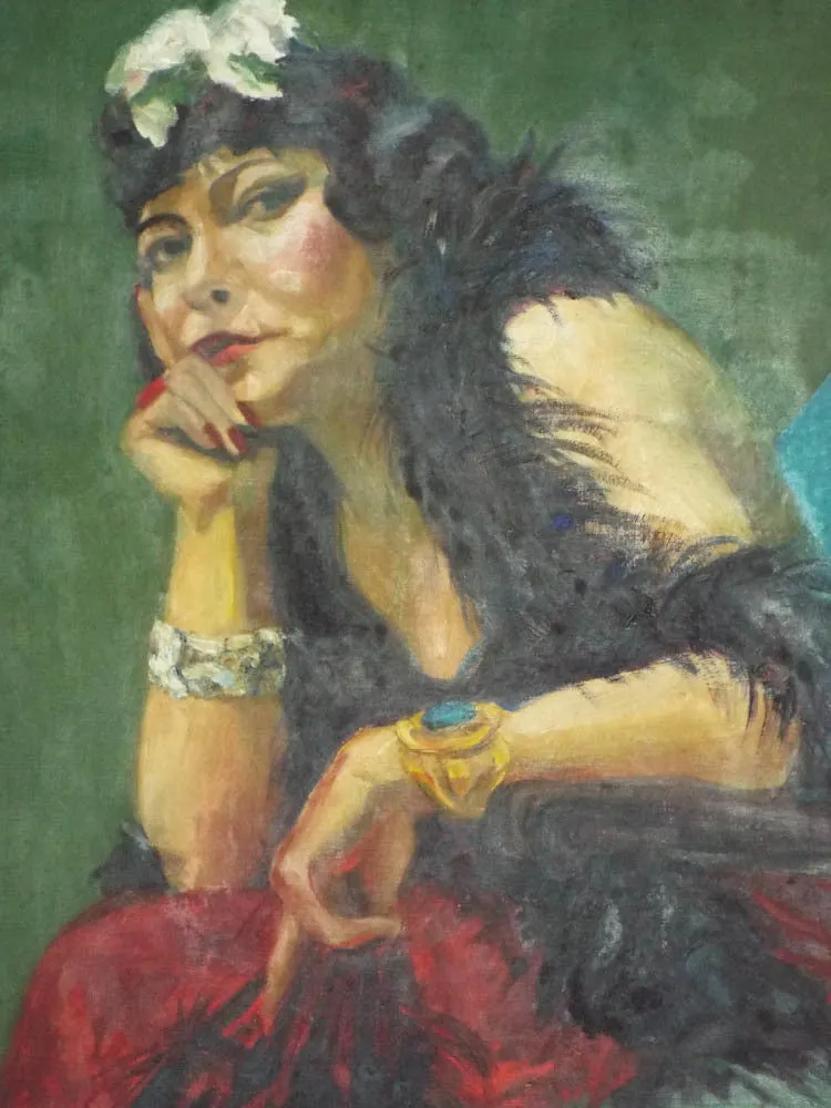 Large Vintage Oil On Canvas Portrait Painting of Lady in a Boa 1930's