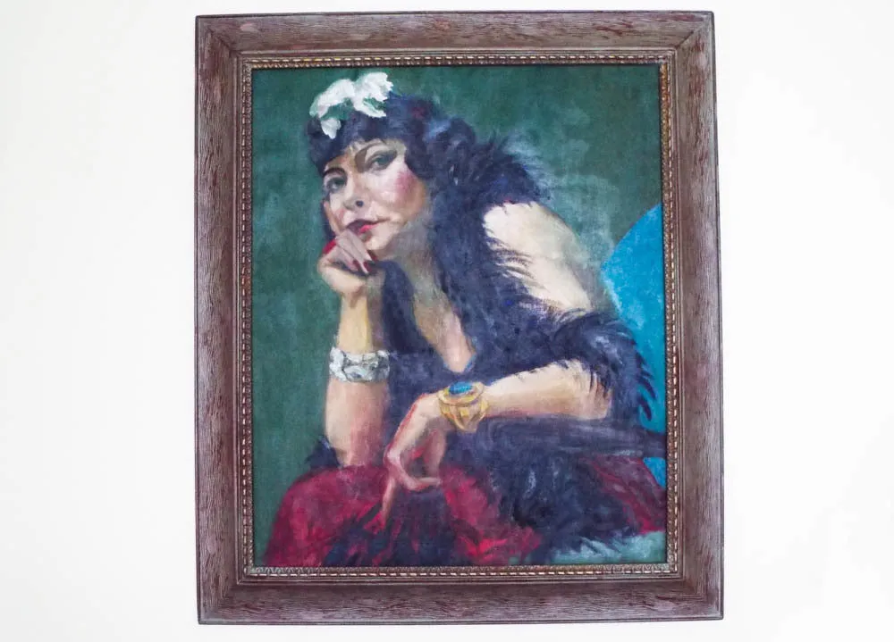 Large Vintage Oil On Canvas Portrait Painting of Lady in a Boa 1930's