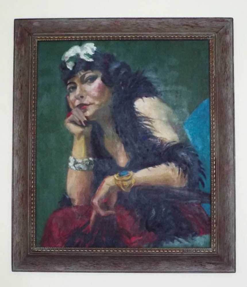 Large Vintage Oil On Canvas Portrait Painting of Lady in a Boa 1930's
