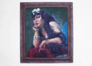 Large Vintage Oil On Canvas Portrait Painting of Lady in a Boa 1930's