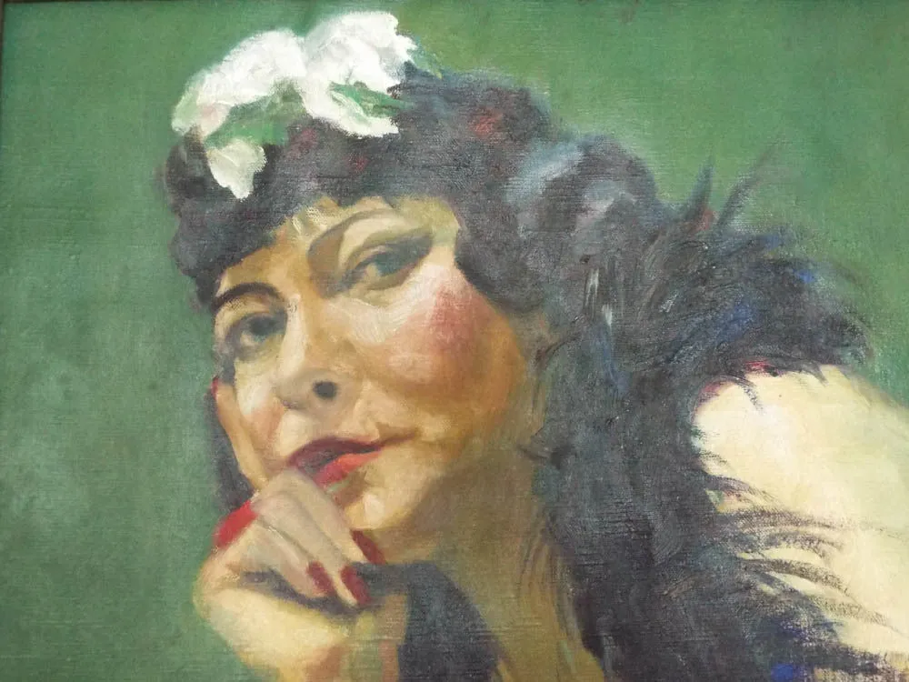Large Vintage Oil On Canvas Portrait Painting of Lady in a Boa 1930's