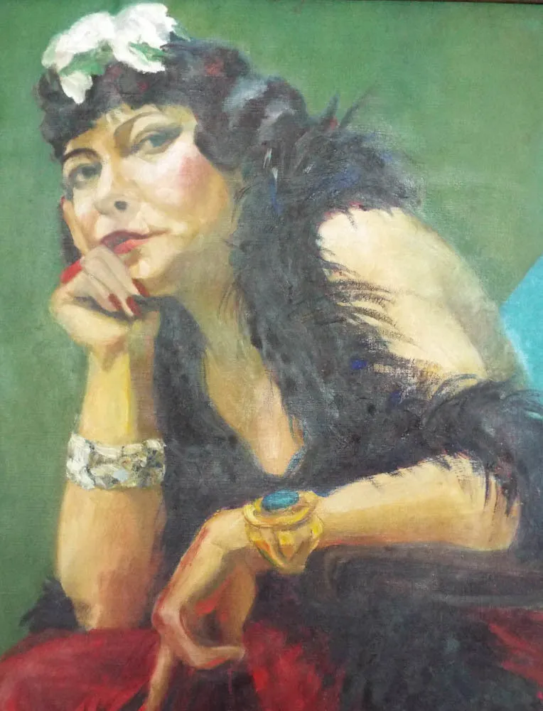 Large Vintage Oil On Canvas Portrait Painting of Lady in a Boa 1930's