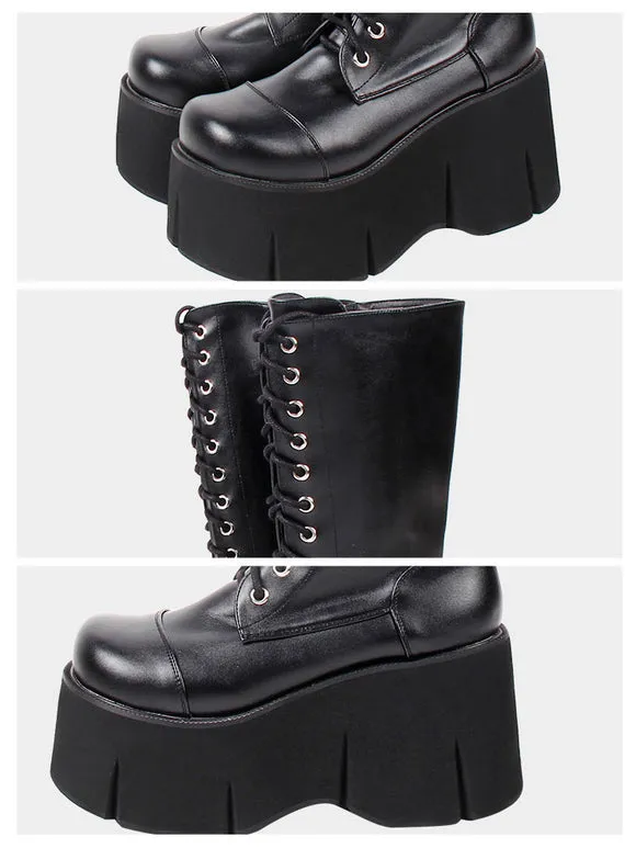 Lolita Mid-Calf Boots PU Leather Round Toe Wedge Heel Harajuku Fashion Black Lolita Footwear