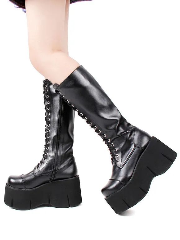 Lolita Mid-Calf Boots PU Leather Round Toe Wedge Heel Harajuku Fashion Black Lolita Footwear