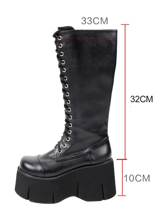 Lolita Mid-Calf Boots PU Leather Round Toe Wedge Heel Harajuku Fashion Black Lolita Footwear