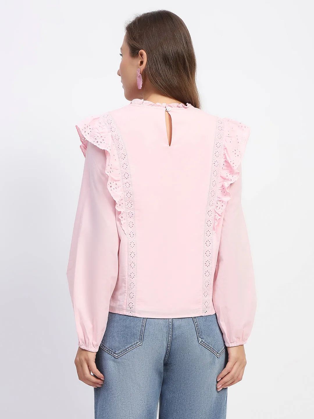 Madame Schilffli Adorned Ruffle Neck Pink Cotton Top