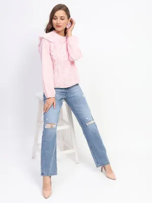 Madame Schilffli Adorned Ruffle Neck Pink Cotton Top