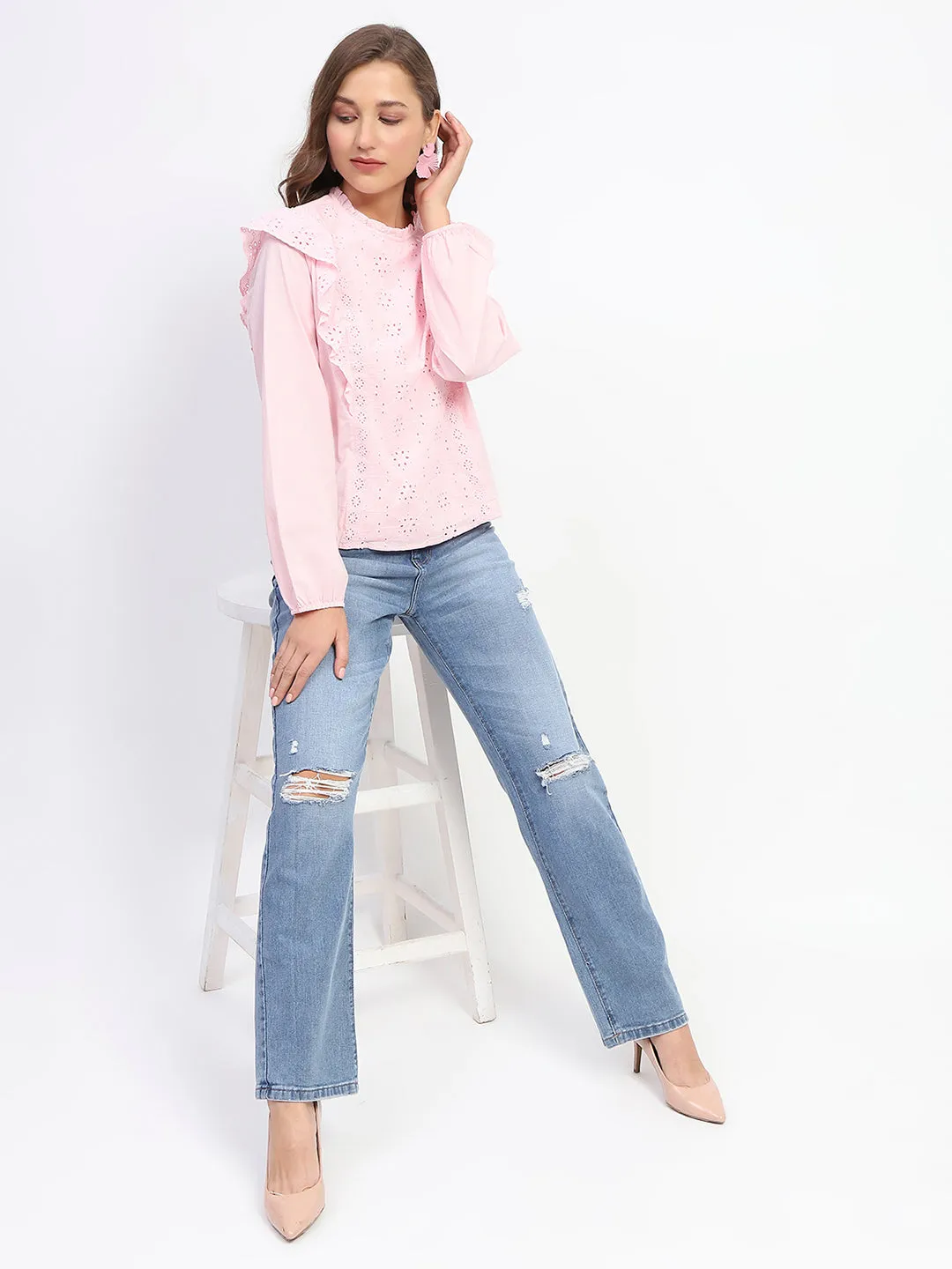 Madame Schilffli Adorned Ruffle Neck Pink Cotton Top