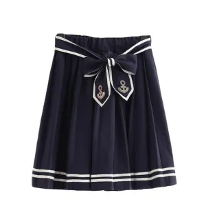 Merry Pretty Women's Cartoon Embroidery Navy Blue Pleated Skirts 2020 Elasticity Waist Lace Up Mini Skirts Sweet Girl Cute Skir