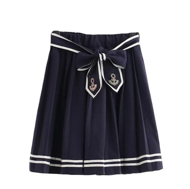 Merry Pretty Women's Cartoon Embroidery Navy Blue Pleated Skirts 2020 Elasticity Waist Lace Up Mini Skirts Sweet Girl Cute Skir