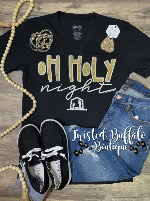 Nativity {OH HOLY NIGHT} Nativity Gold Glitter Black V-Neck Tee