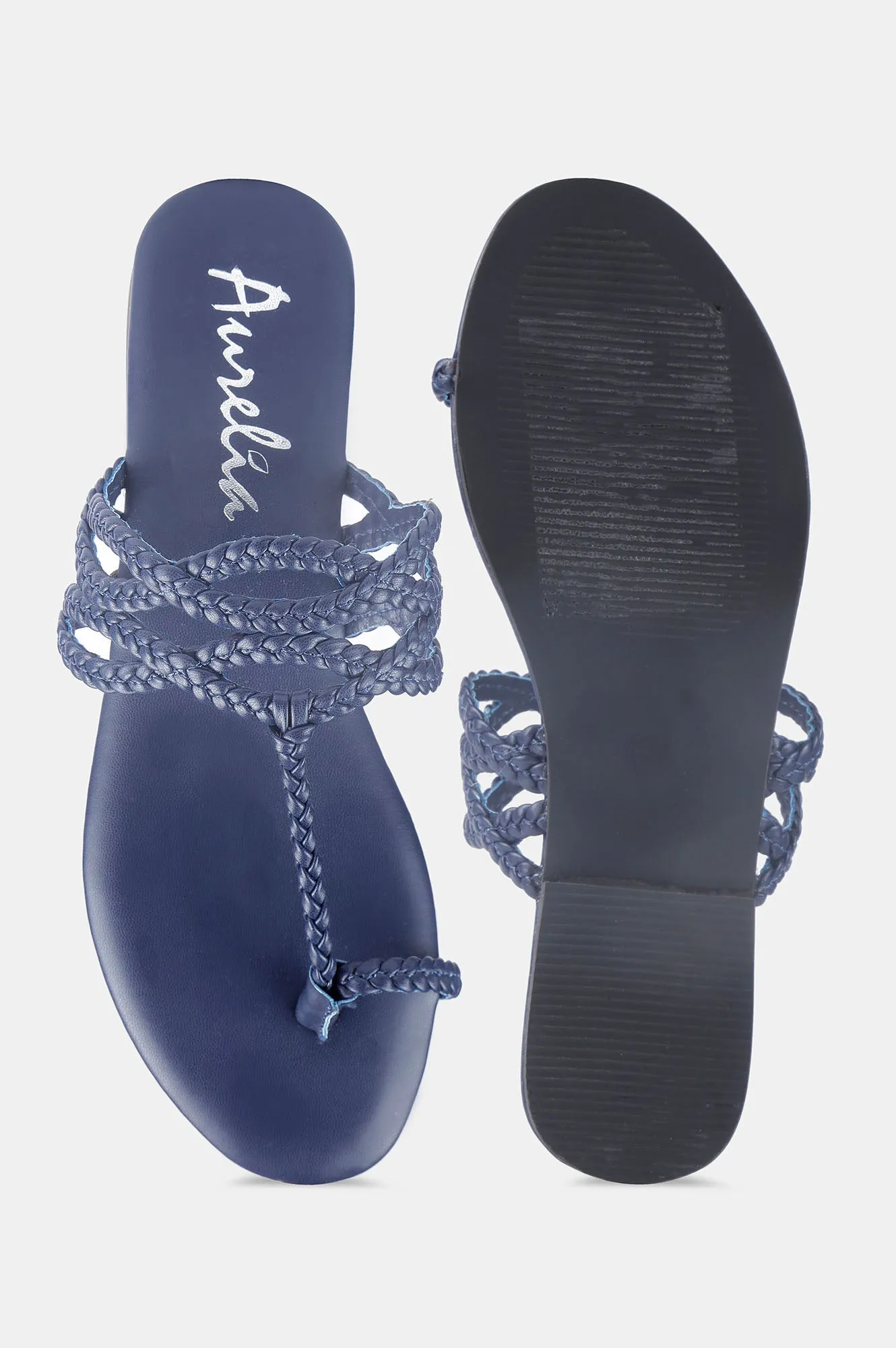 Navy Almond Toe Woven Design Flat - Zdorothy