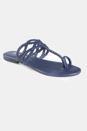 Navy Almond Toe Woven Design Flat - Zdorothy