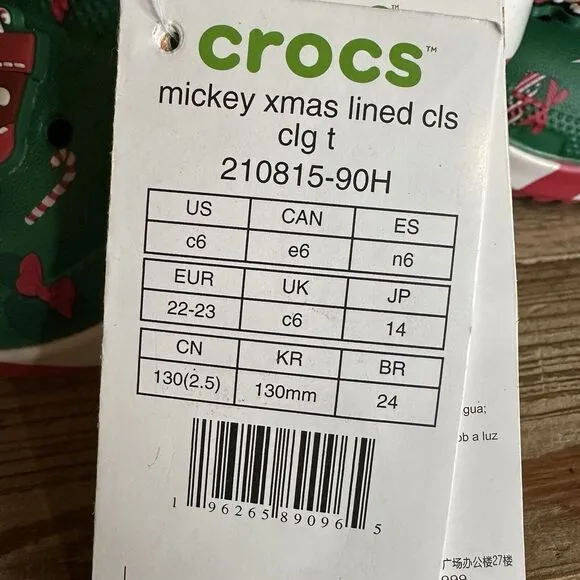 New $65 Little Kids Crocs Disney Mickey Mouse Holiday Lined Sandals Shoes Size 6