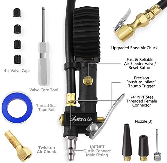 New in box! AstroAI Digital Tire Inflator with Pressure Gauge, 250 PSI Air Chuck and Compressor Accessories Heavy Duty with Rubber Hose and Quick Connect Coupler for 0.1 Display Resolution, Black