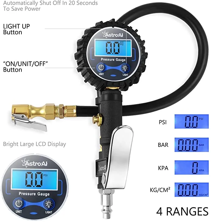 New in box! AstroAI Digital Tire Inflator with Pressure Gauge, 250 PSI Air Chuck and Compressor Accessories Heavy Duty with Rubber Hose and Quick Connect Coupler for 0.1 Display Resolution, Black