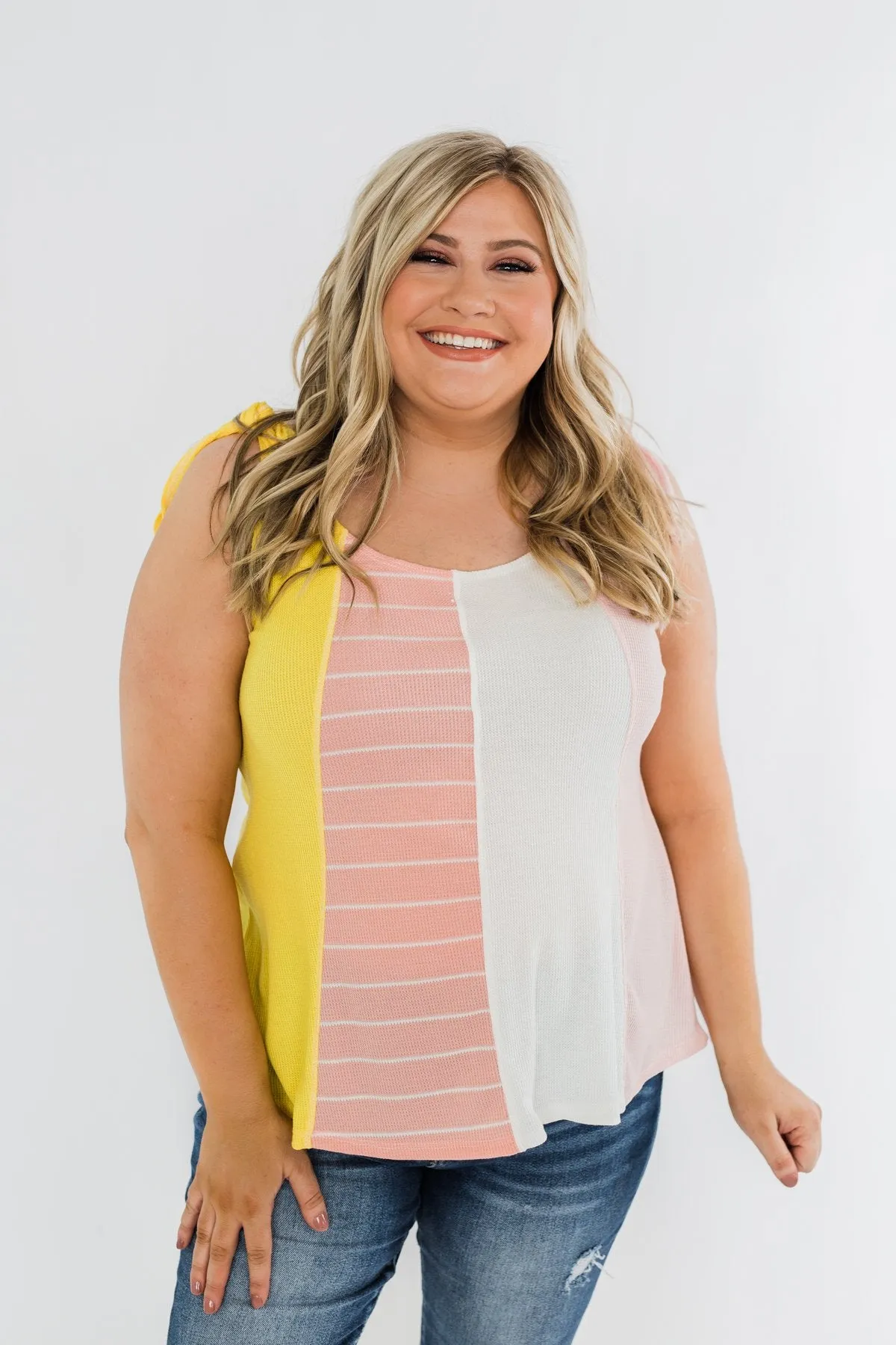 Once Again Color Block Tank Top- Pink, Off White, & Yellow