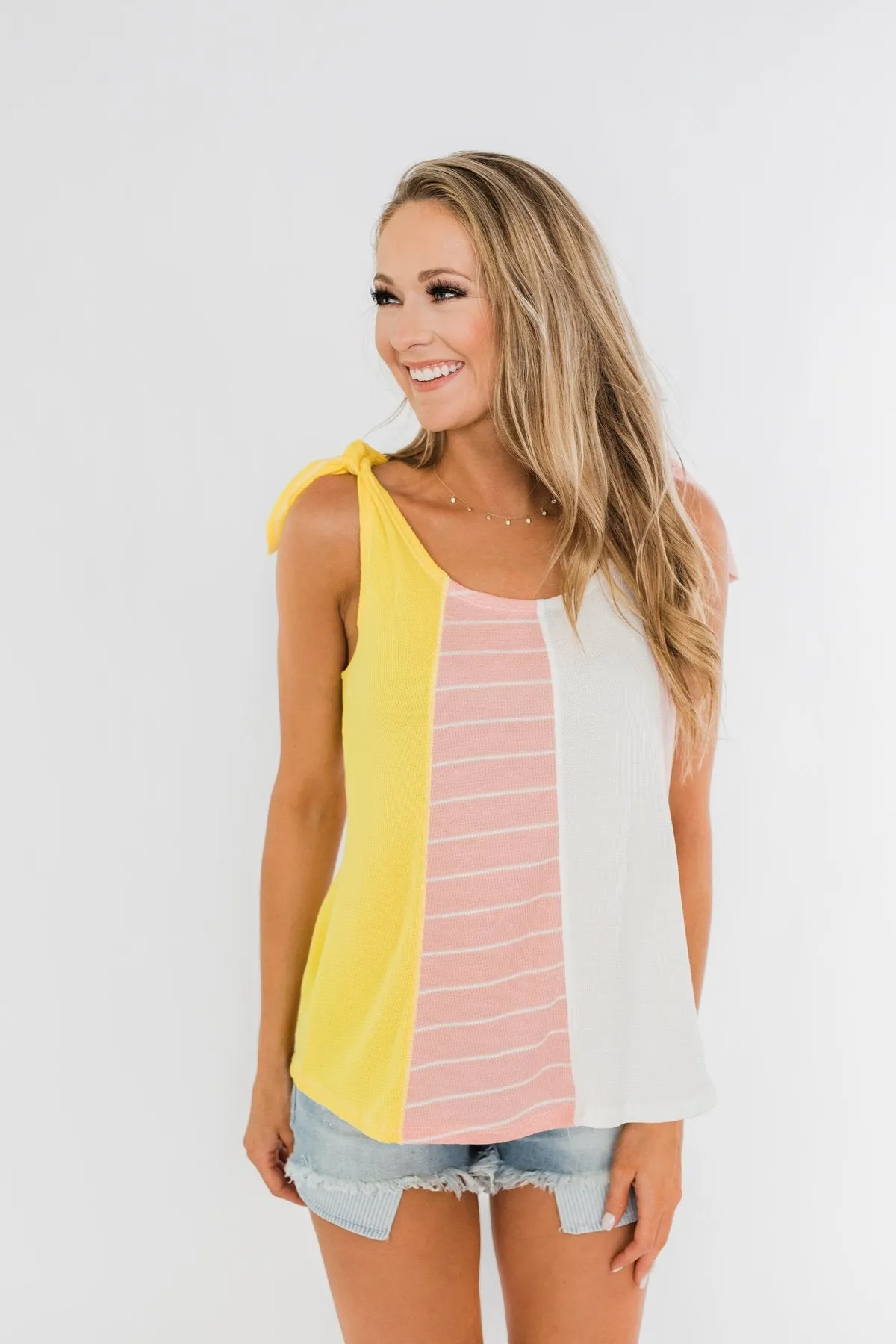 Once Again Color Block Tank Top- Pink, Off White, & Yellow