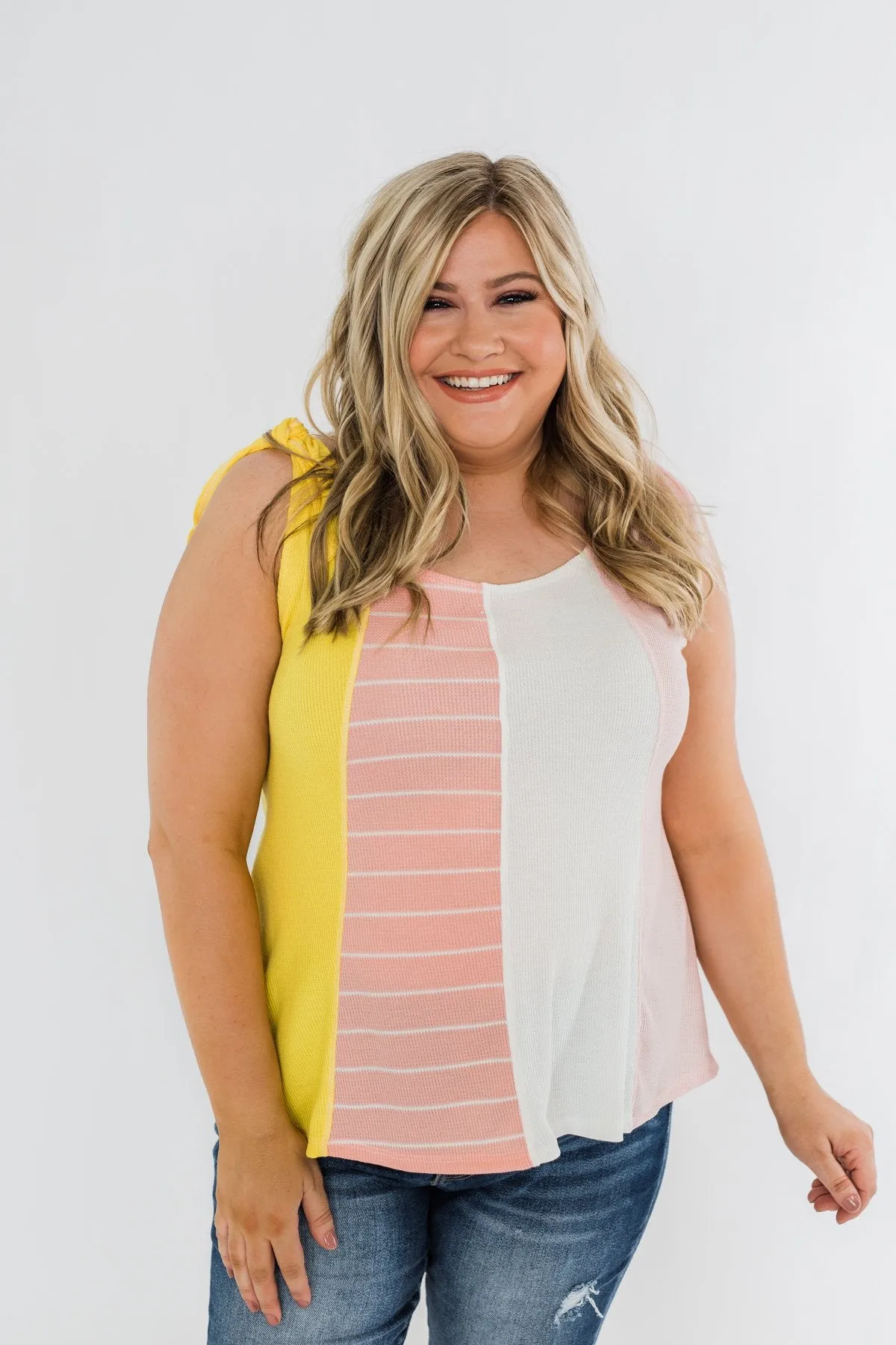Once Again Color Block Tank Top- Pink, Off White, & Yellow