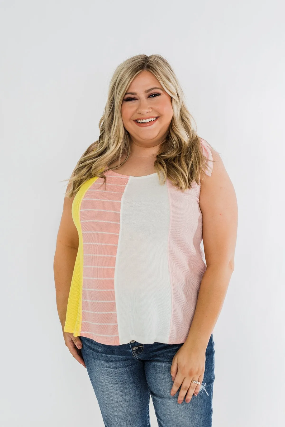 Once Again Color Block Tank Top- Pink, Off White, & Yellow